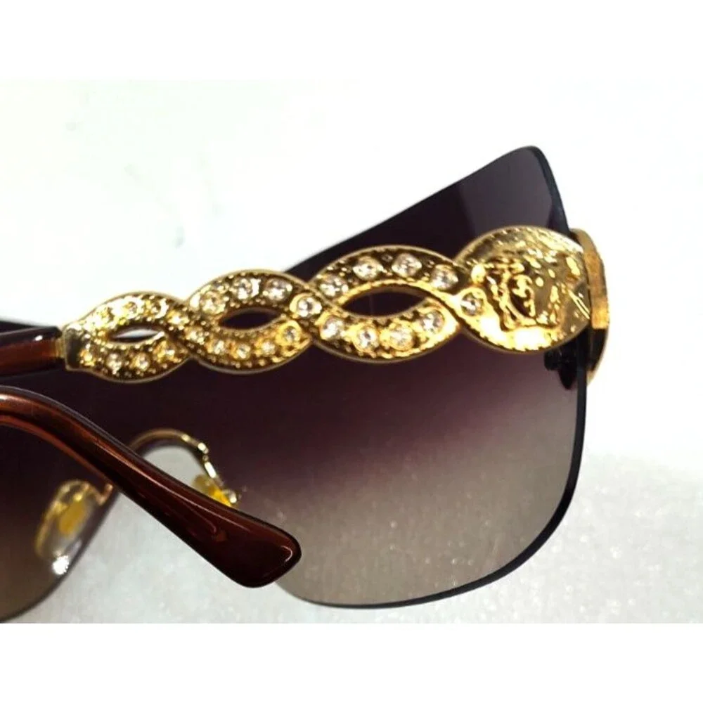 Vintage Y2K Versace 2043-B  Brown Rhinestone Rimless Shield Sunglasses Scratched